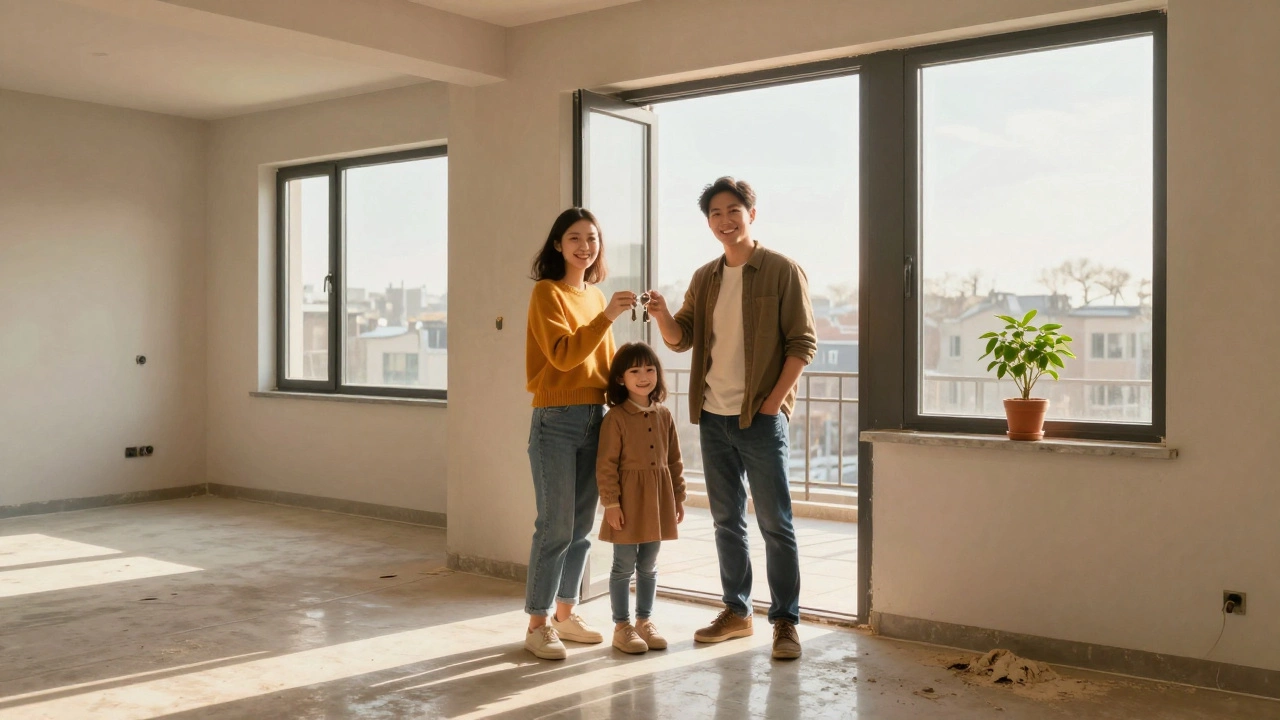 Семья входит в новую квартиру с ключами, солнечный свет падает на пол, за окном зимний пейзаж, на подоконнике цветок.
