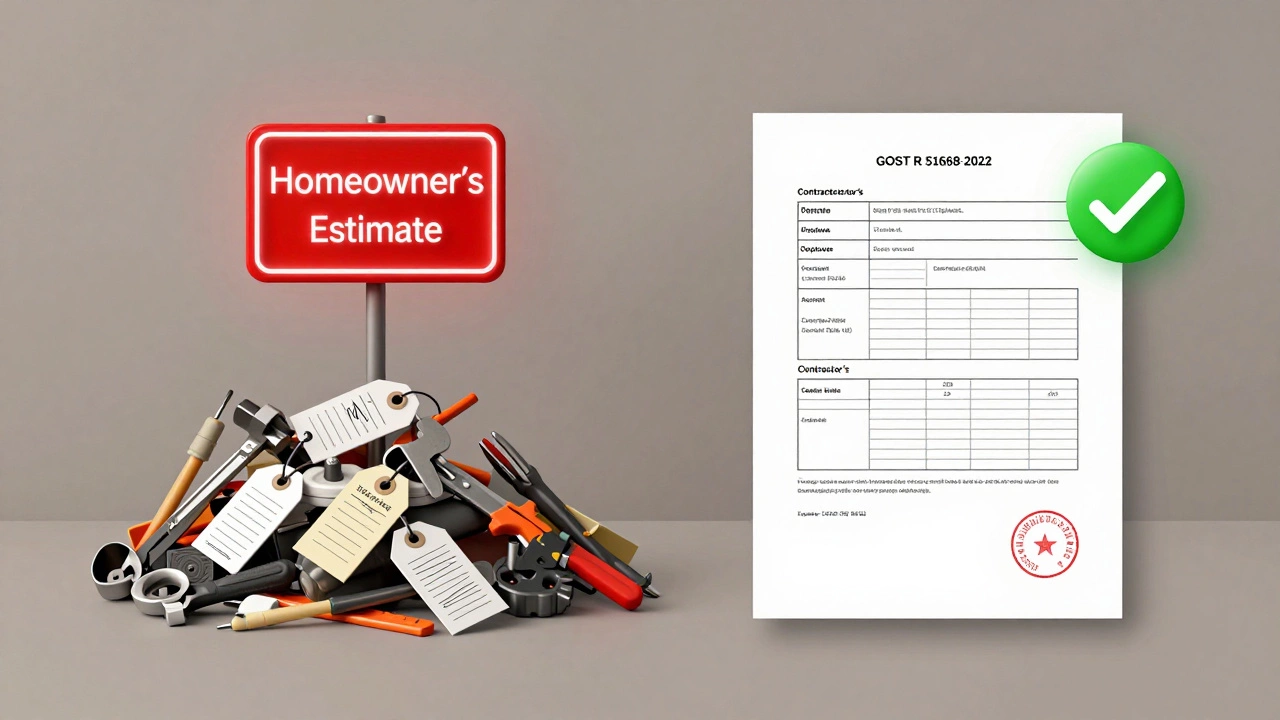 Сравнение хаотичной сметы домовладельца и профессиональной сметы подрядчика с государственным стандартом.