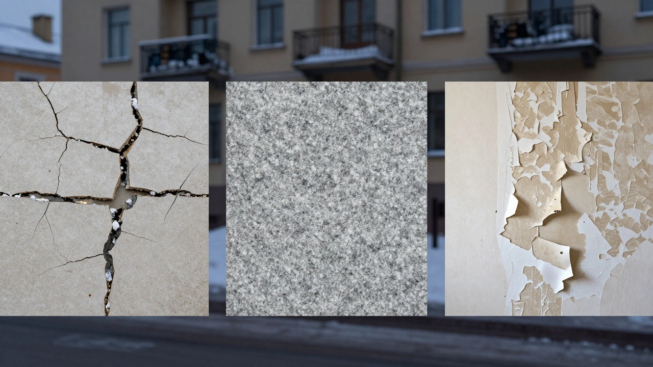 Сравнение материалов: треснувшая плитка, долговечный керамогранит и отслаивающиеся обои на сырых стенах.