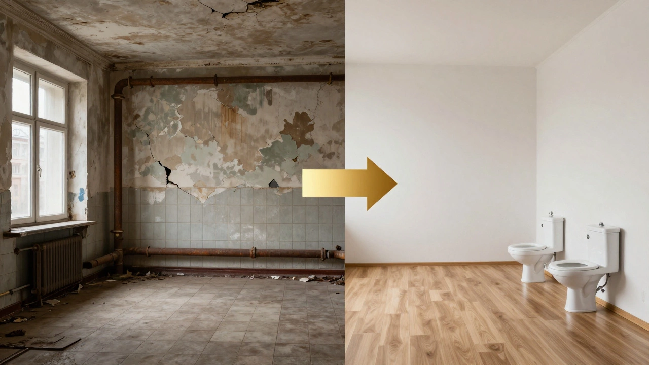 Сравнение старой и обновлённой квартиры: слева — разрушенный интерьер, справа — современный ремонт с чистыми поверхностями и светом.