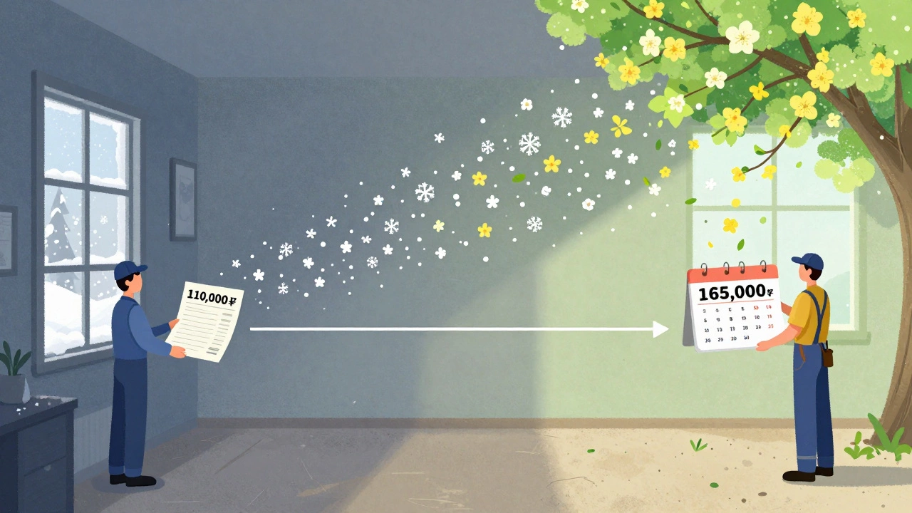 Сравнение стоимости ремонта: зимой — тихий, теплый интерьер с низкой ценой, весной — яркий, пыльный с высокой ценой.