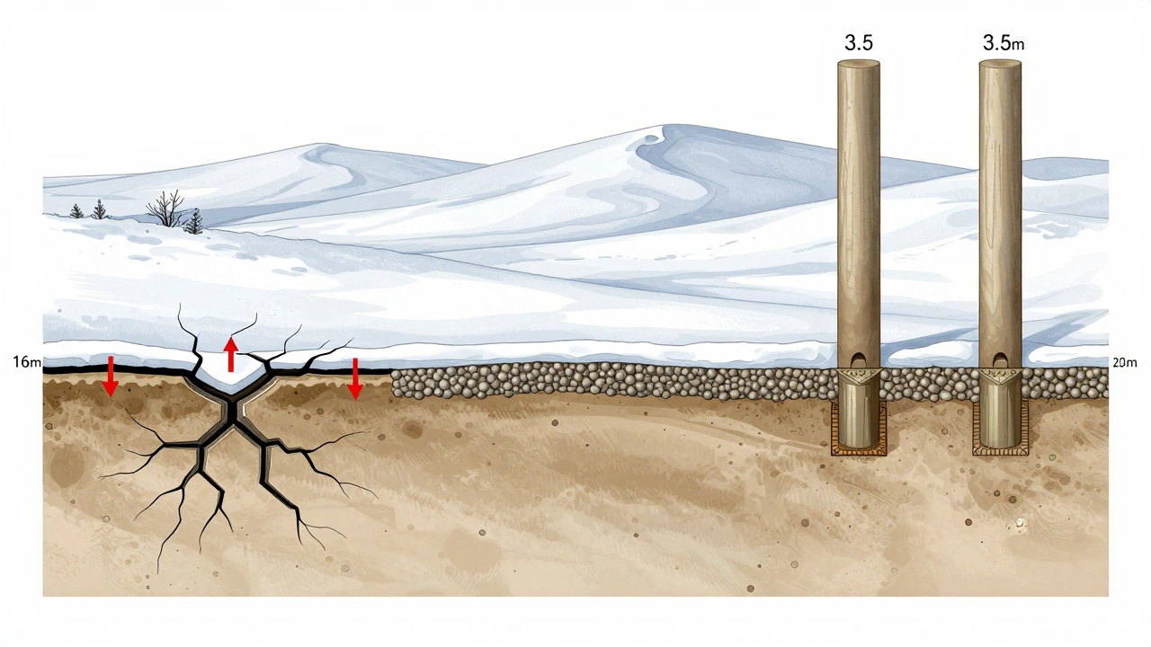 Сравнение трех типов фундаментов: мелкозаглубленный с трещинами, правильный с подушкой и свайный до плотных слоев.