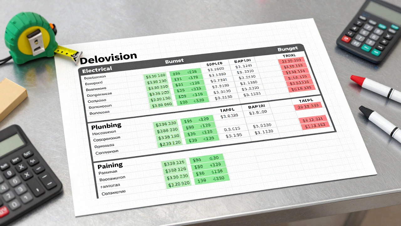 Структурированная смета ремонта с разделами: электрика, сантехника, полы, стены, с ценами в рублях.