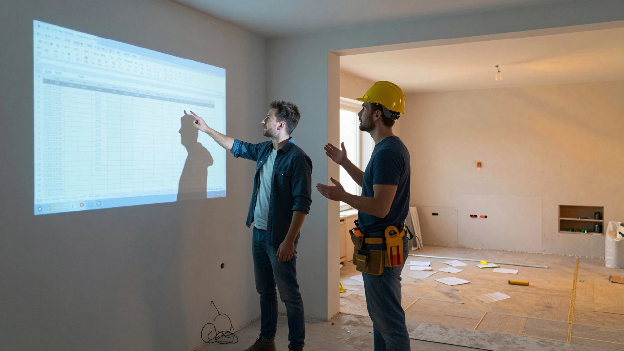 Владелец квартиры проверяет смету на проекции, рядом — сравнение хаоса и порядка в ремонте.