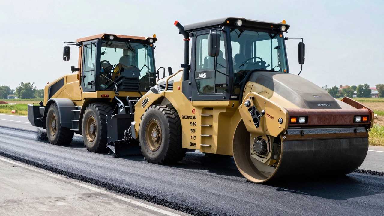 Асфальтоукладчик и каток укладывают асфальт на дороге