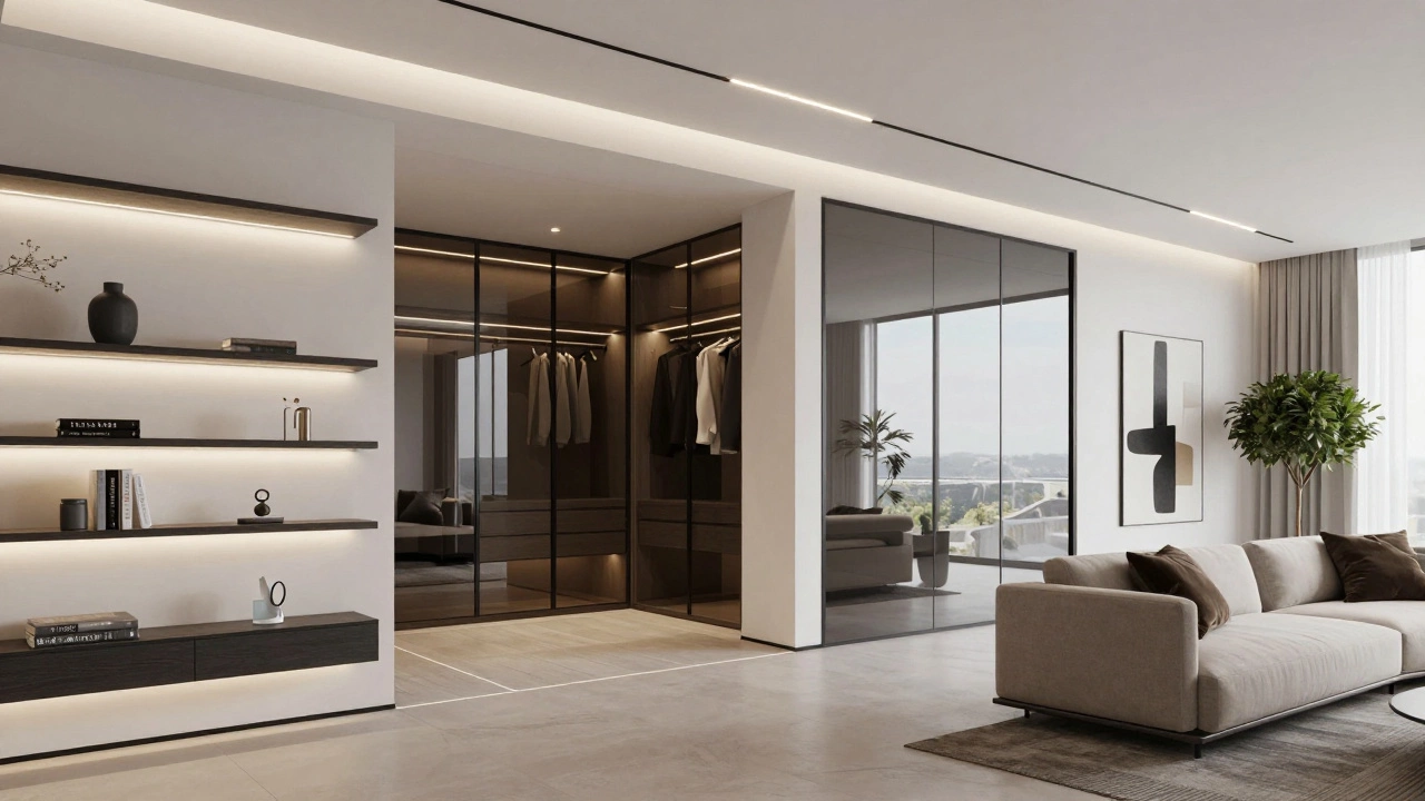 Дизайнерская студия с умной системой, зеркальными дверями и скрытой подсветкой, стильный интерьер.