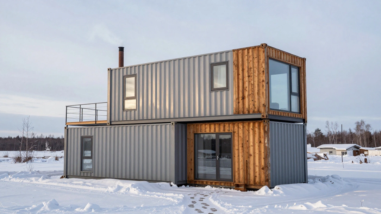 Дом из морских контейнеров в снежном ландшафте с деревянным фасадом и дымом из трубы.