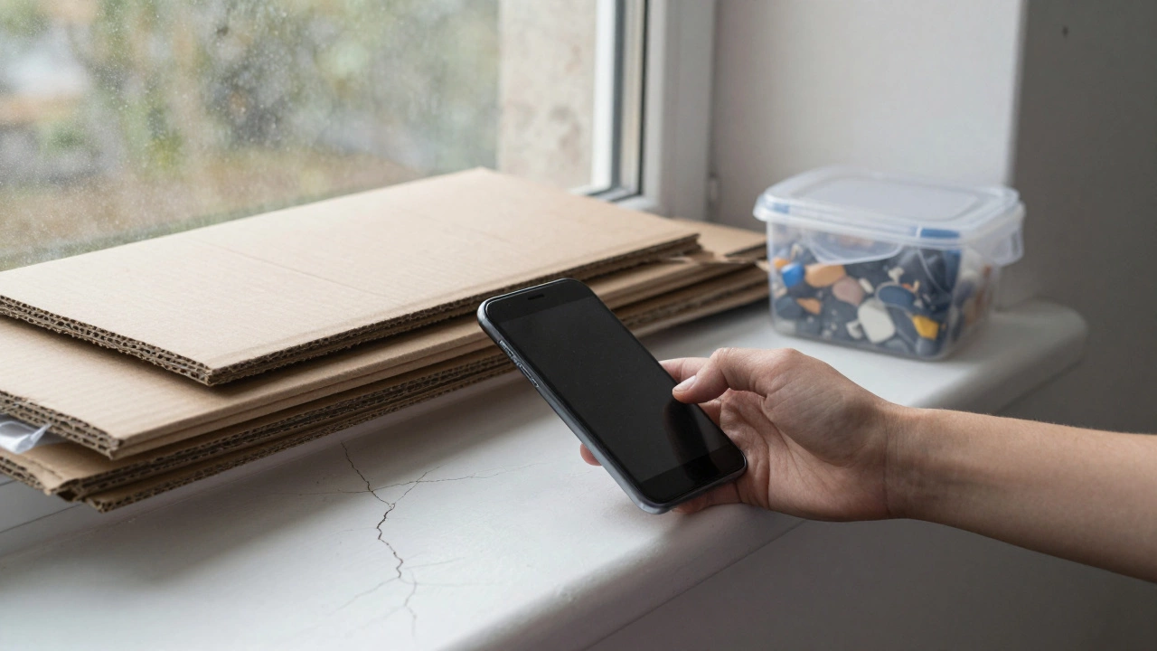 Фотографирование стены перед ремонтом с готовыми материалами для защиты и мусорным контейнером.