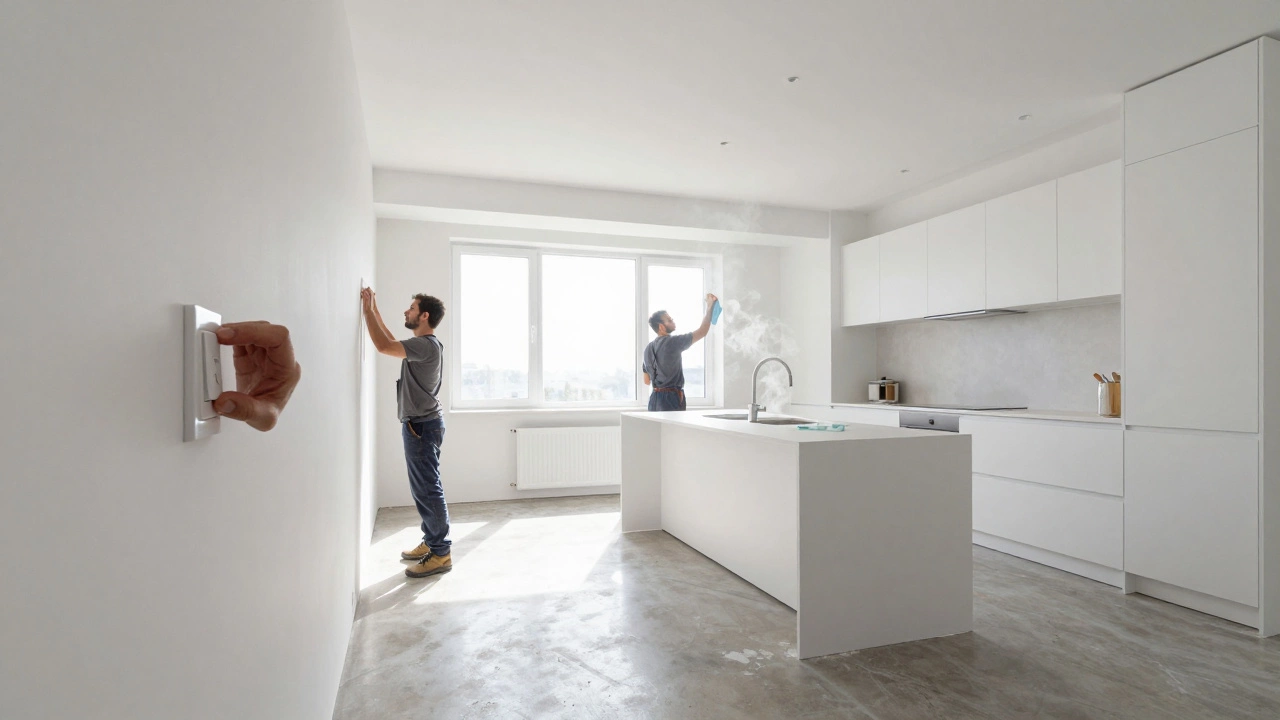 Идеальный интерьер с последними штрихами: монтаж выключателя после оклейки обоев и протирка смесителя.