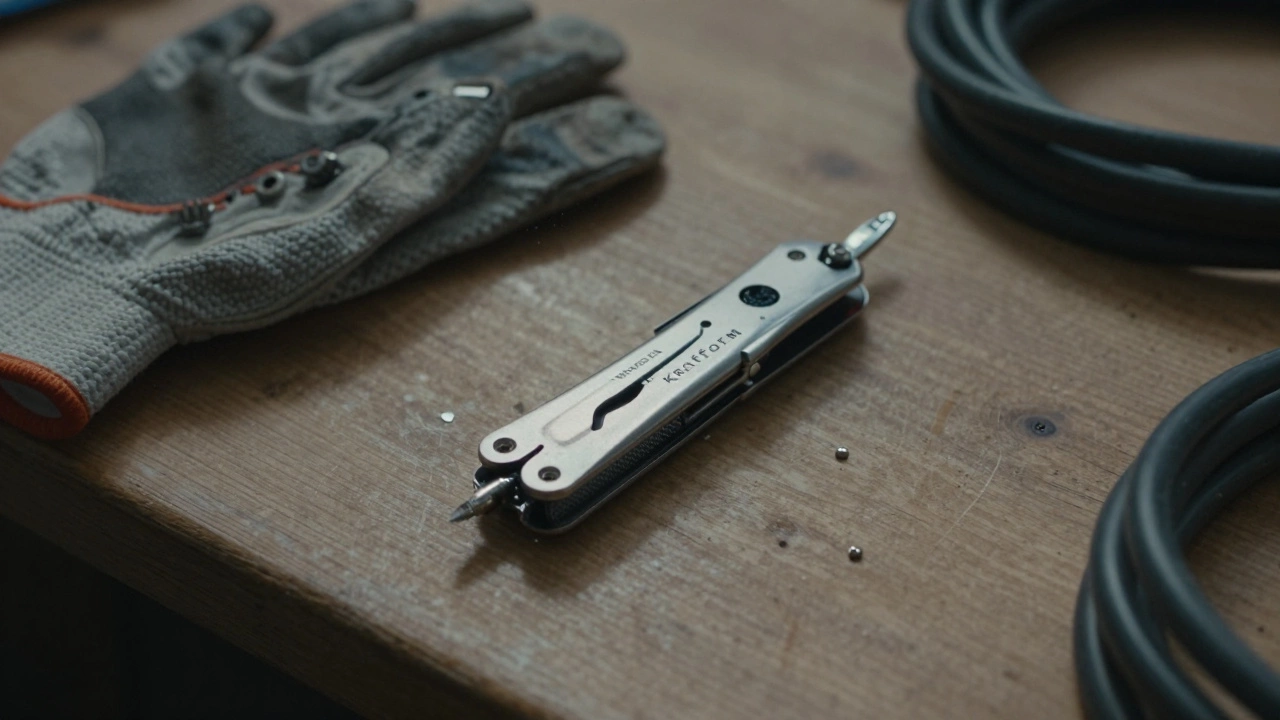 Карманный набор инструментов на деревянной стойке с перчатками и кабелем.