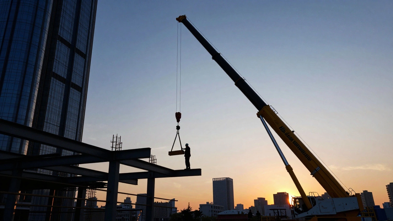 Кран поднимает балки для строительства небоскрёба