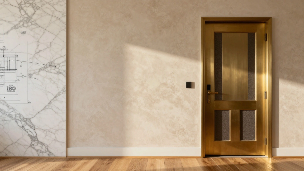 Натуральные материалы для элитного ремонта: мрамор, дубовый пол и венецианская штукатурка на стене.