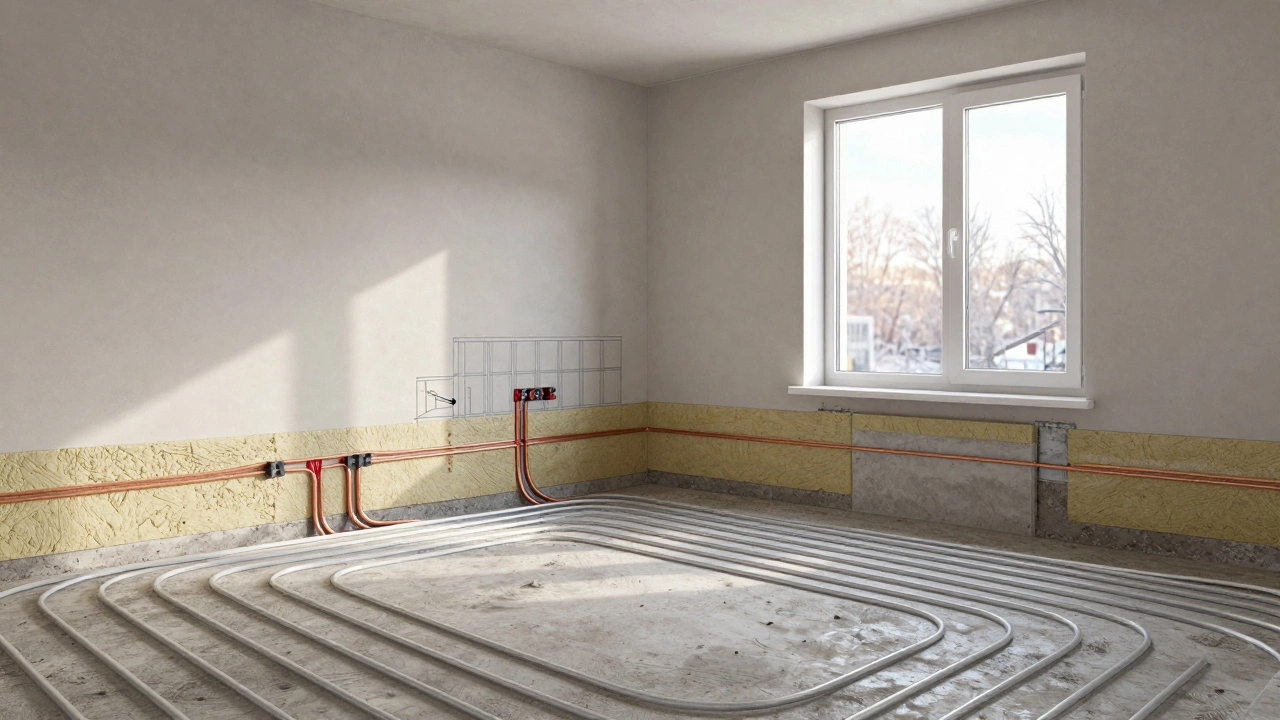 Новая бетонная стяжка с утеплением и медной электропроводкой в процессе капитального ремонта квартиры.