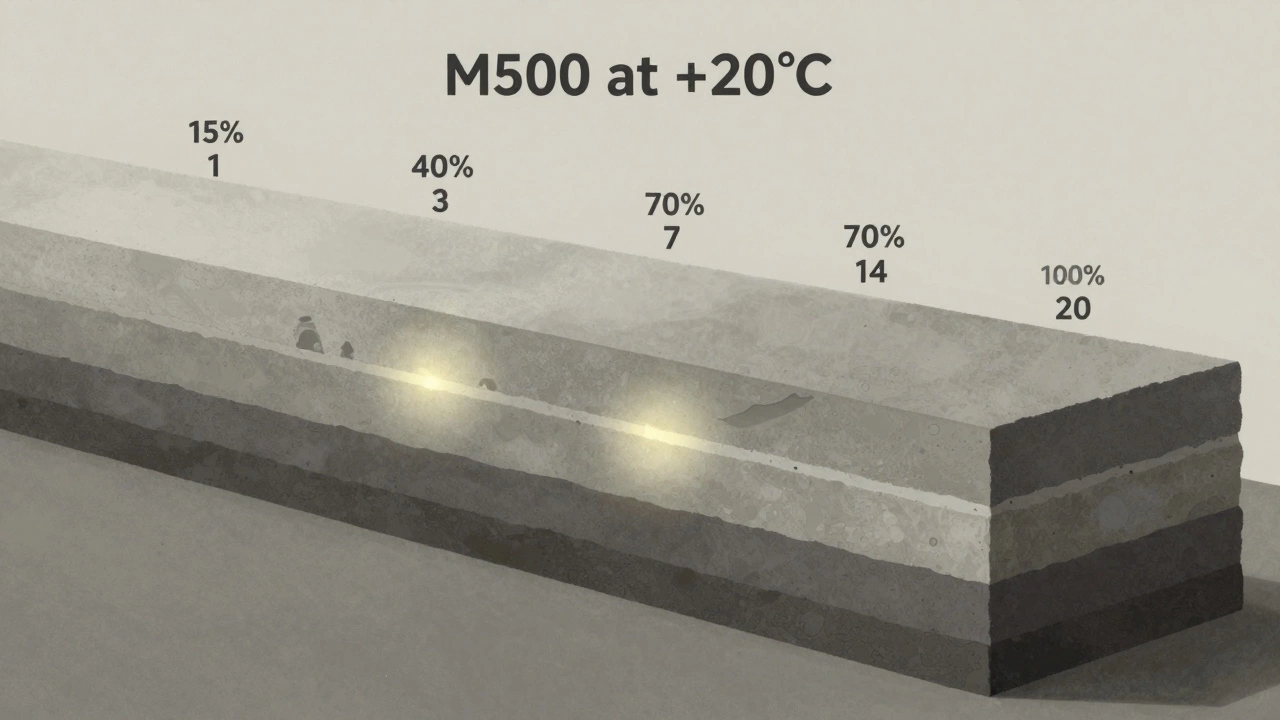 Разрез бетонной плиты, показывающий постепенное набор прочности от 15% до 100% за 28 дней.