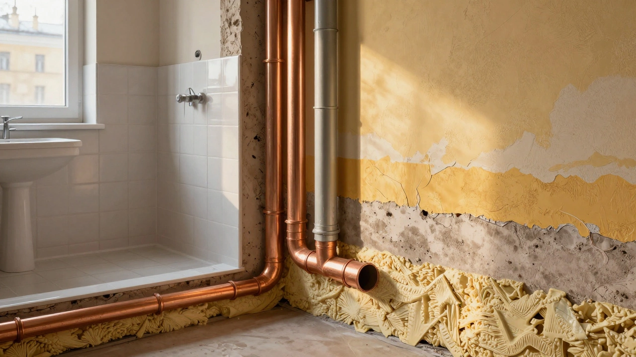 Разрез квартиры с показом слоёв изоляции, стяжки, труб и штукатурки, тёплый свет подчёркивает материалы.