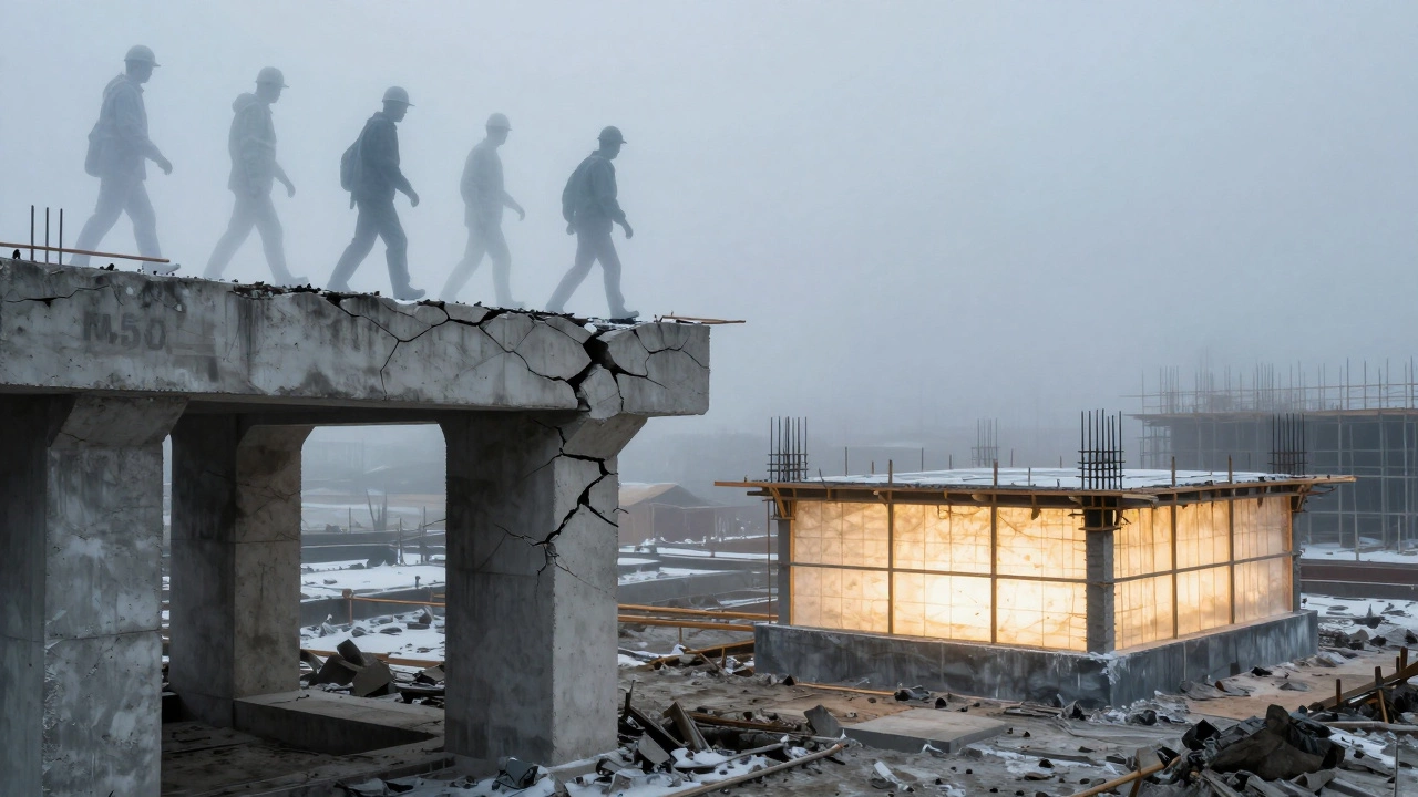 Разрушенный фундамент с призрачными фигурами на нем, рядом — целый, полностью высохший фундамент.