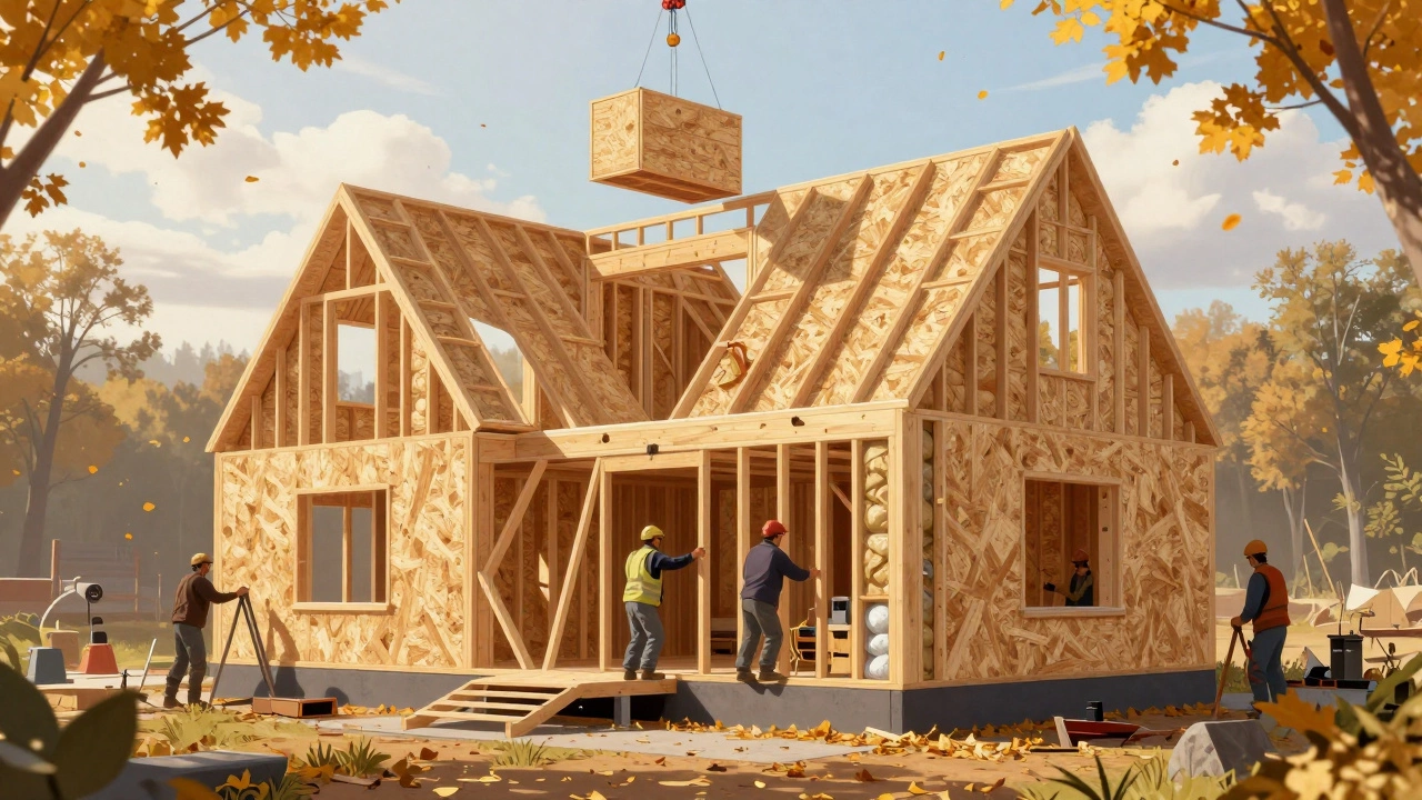 Сборка каркасного дома осенью: рабочие устанавливают деревянные балки и утеплитель под мягким солнечным светом.