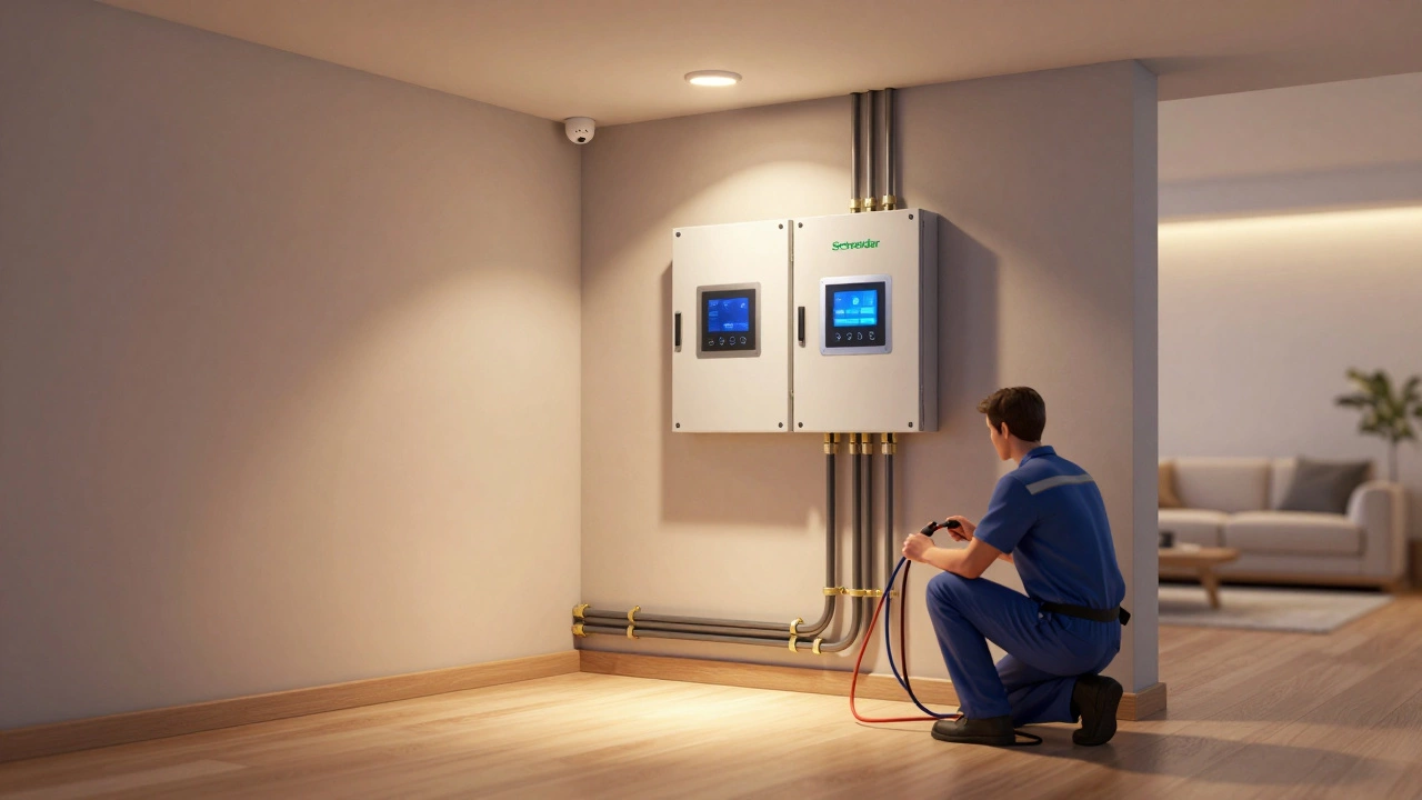 Скрытая проводка и элементы умного дома в интерьере элитной квартиры, включая датчики и панели управления.