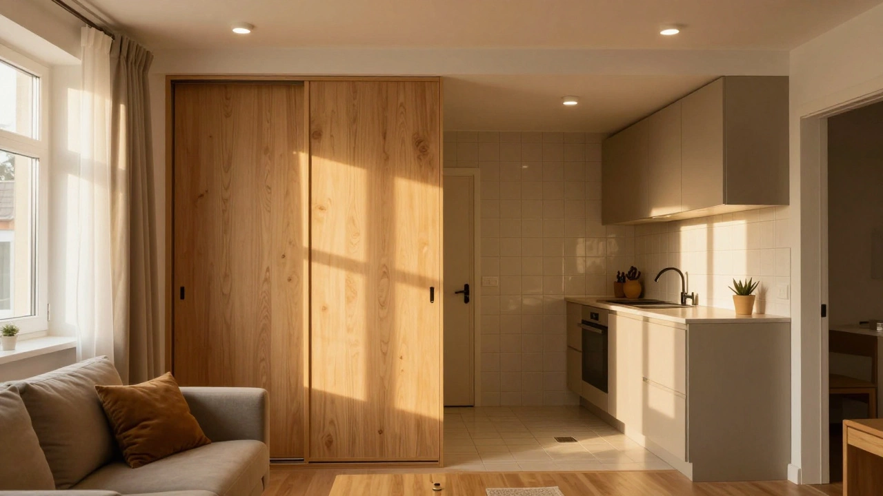 Уютная студия с встроенным шкафом, кухонным гарнитуром и подсветкой, готовая для жизни.