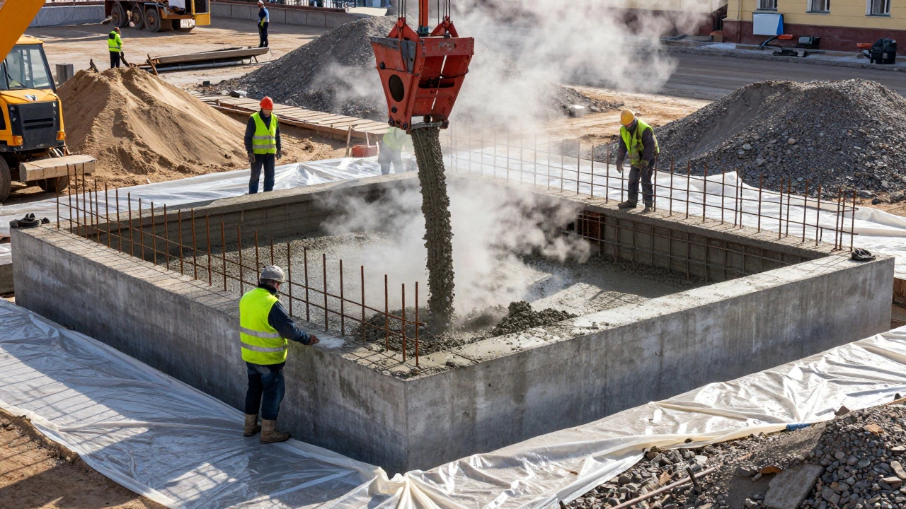 Заливка монолитного фундамента с армированием и защитной плёнкой в условиях сыроватого климата Санкт-Петербурга.