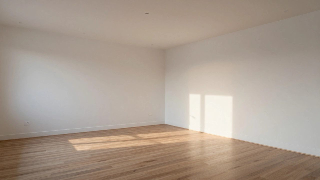 Чистая, готовая комната с покрашенными стенами и новым деревянным полом.