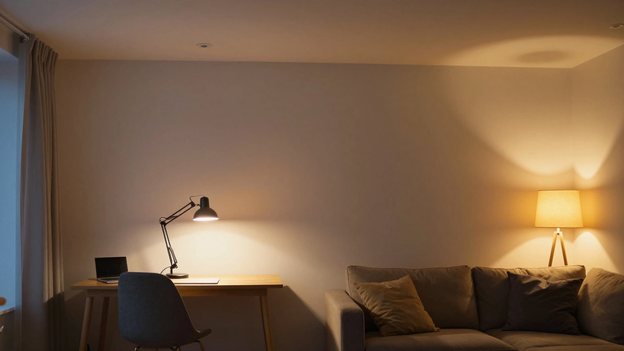 Интерьер гостиной с комбинированным освещением разных типов