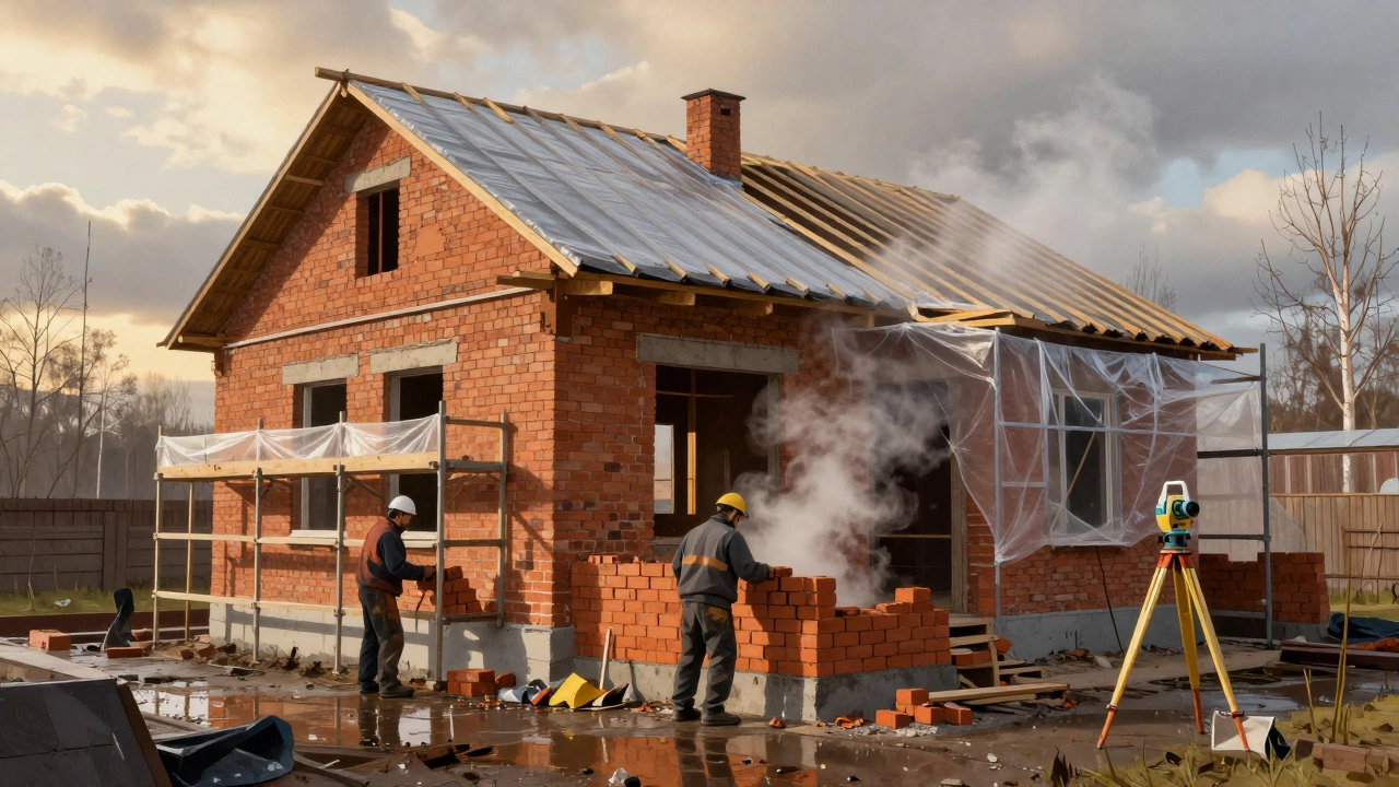 Кладка кирпичных стен двухэтажного дома под защитной плёнкой, видны стропила и влажная атмосфера.