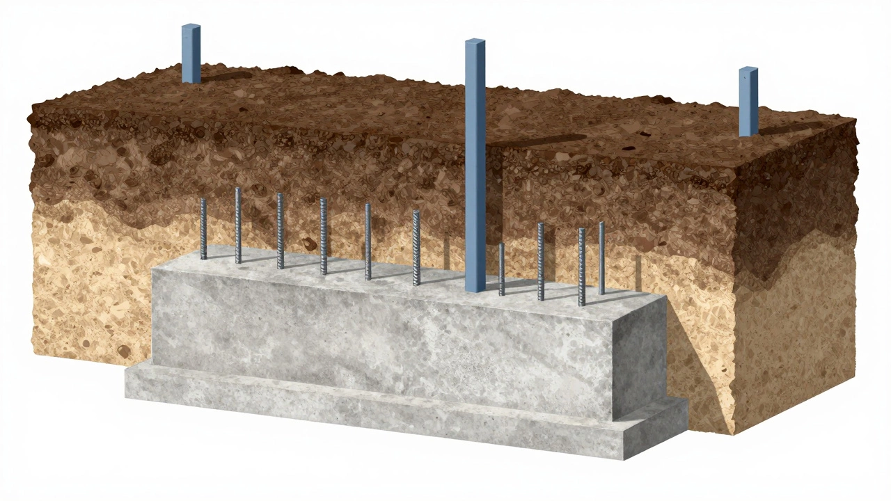 Поперечный разрез фундамента забора с арматурой в земле.