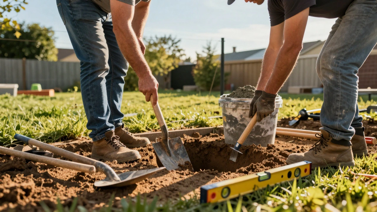 Рабочие копают яму для столба забора на солнечном участке.
