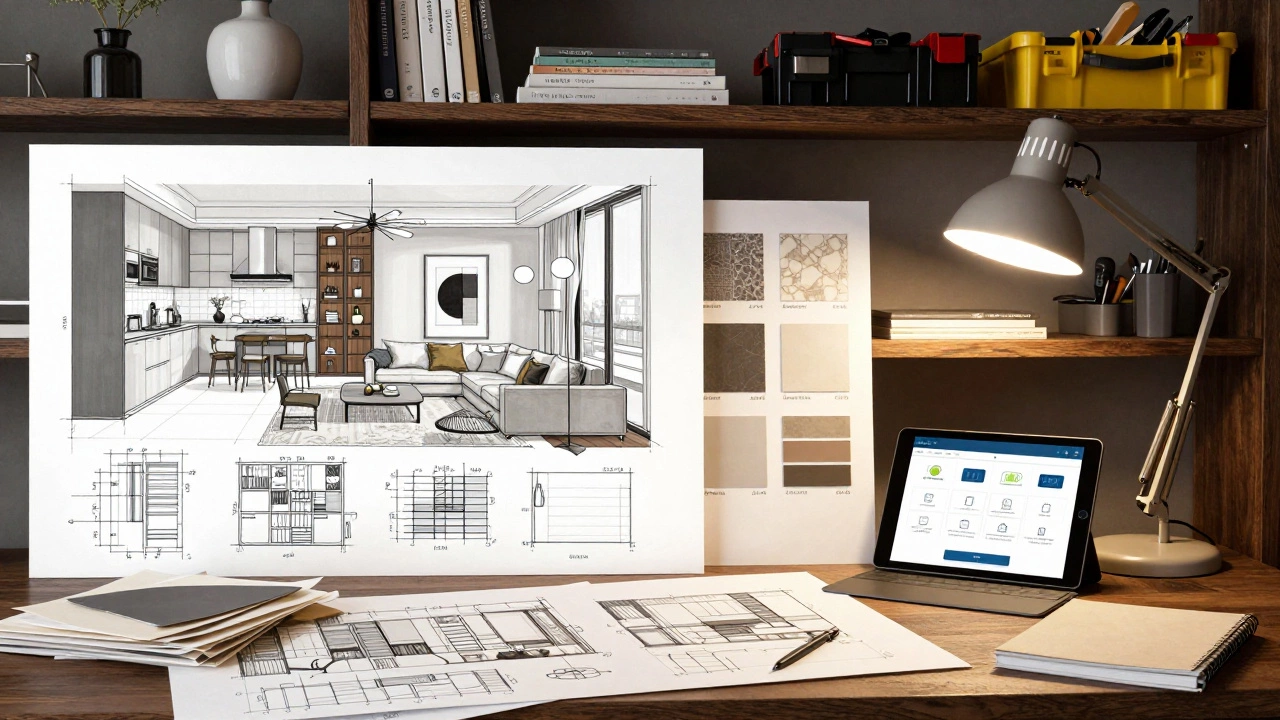 Рабочий стол интерьерного дизайнера с техническими чертежами, образцами материалов и схемами умного дома, освещённый тёплым светом настольной лампы.