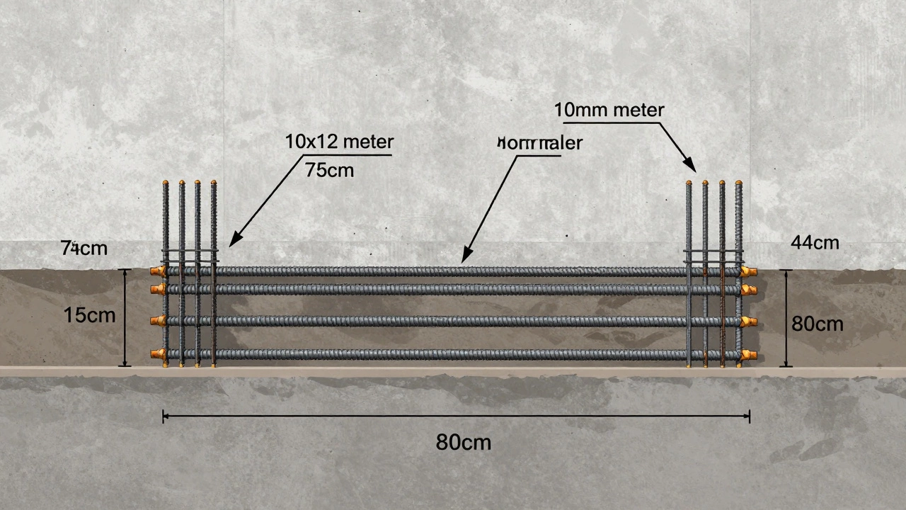 Разрез ленточного фундамента с детальной схемой армирования: продольные стержни и хомуты с указанием шага и нахлеста.