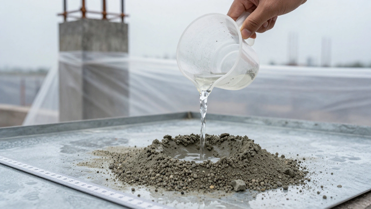 Рука медленно льет воду в сухую смесь цемента, песка и щебня на металлическом листе.