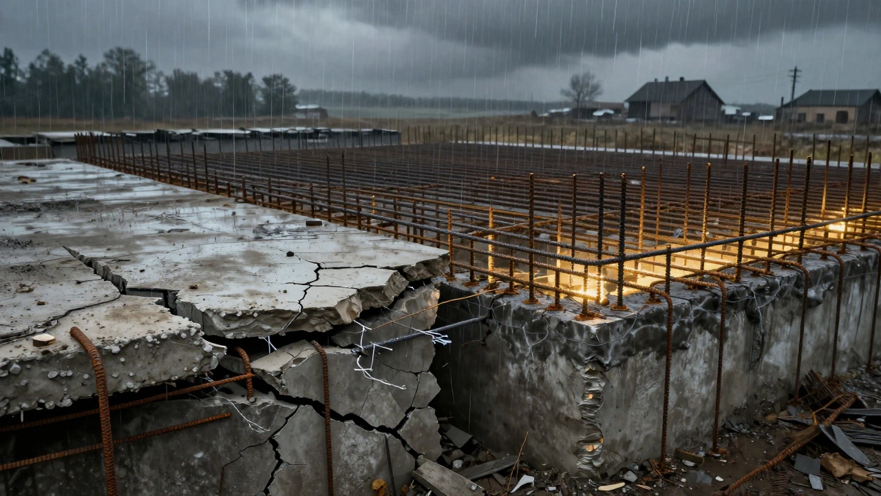 Сравнение треснувшего и правильно армированного фундамента: слева — разрушение, справа — прочная структура с золотым светом.