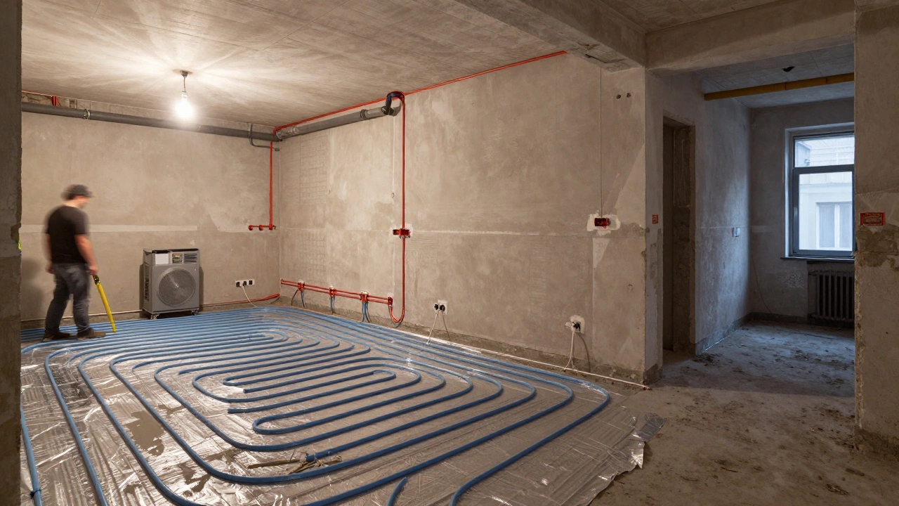 В квартире в Санкт-Петербурге проложены электропроводка и трубы подогрева пола, бетонная стяжка ещё влажная.