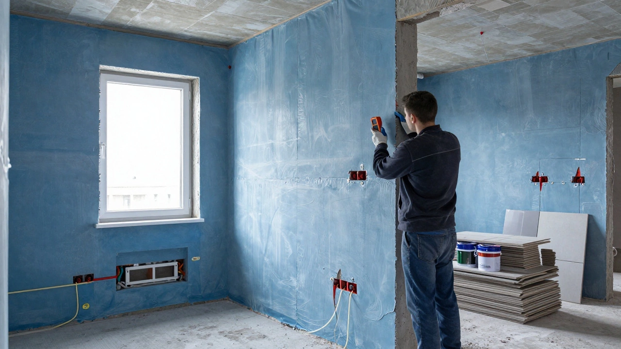 Внутренний вид полуотделанного дома: видны изоляция, трубы, электропроводка и установленное окно, рабочий проверяет влажность стены.