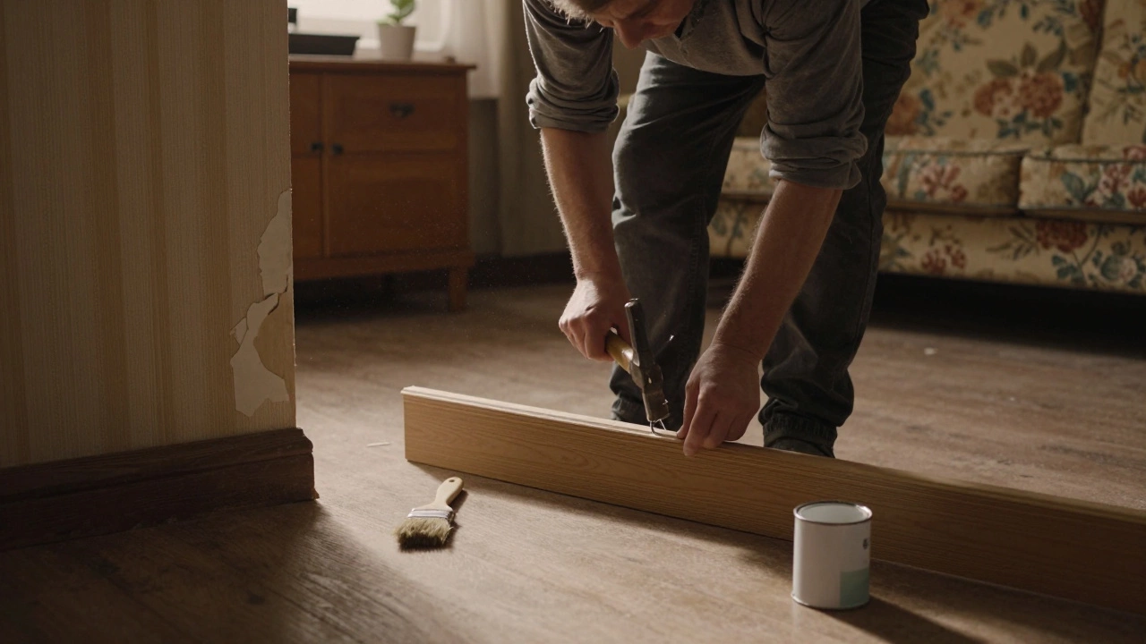 Замена плинтуса в гостиной квартиры советской постройки в Санкт-Петербурге.