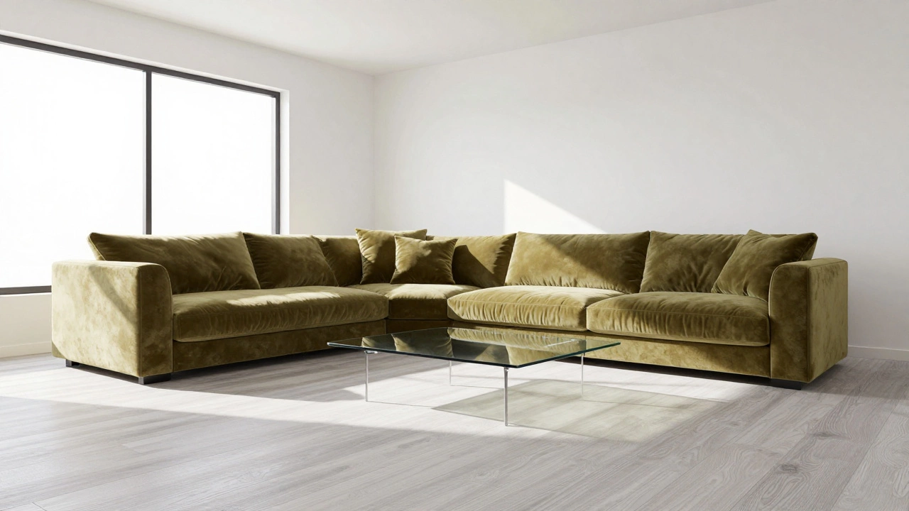 Фотореалистичная 3D-визуализация гостиной с оливковым диваном и светлым полом