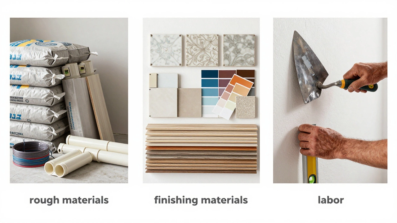 Коллаж из черновых и чистовых материалов для ремонта и инструментов мастера