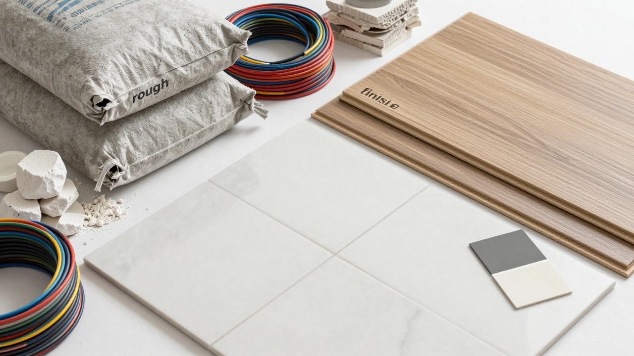 Коллаж из черновых строительных материалов и чистовой отделки: плитка, ламинат и провода