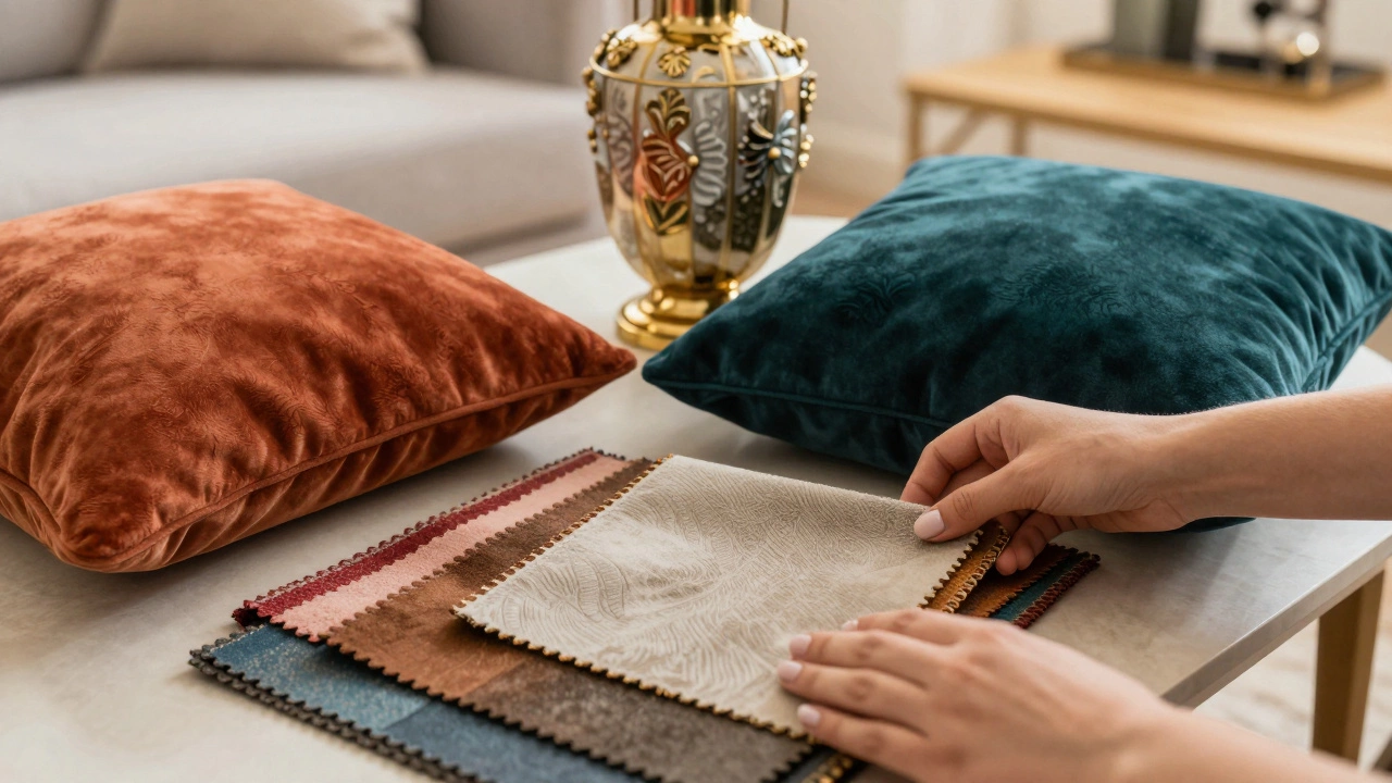 Процесс подбора текстиля и аксессуаров декоратором для оформления комнаты