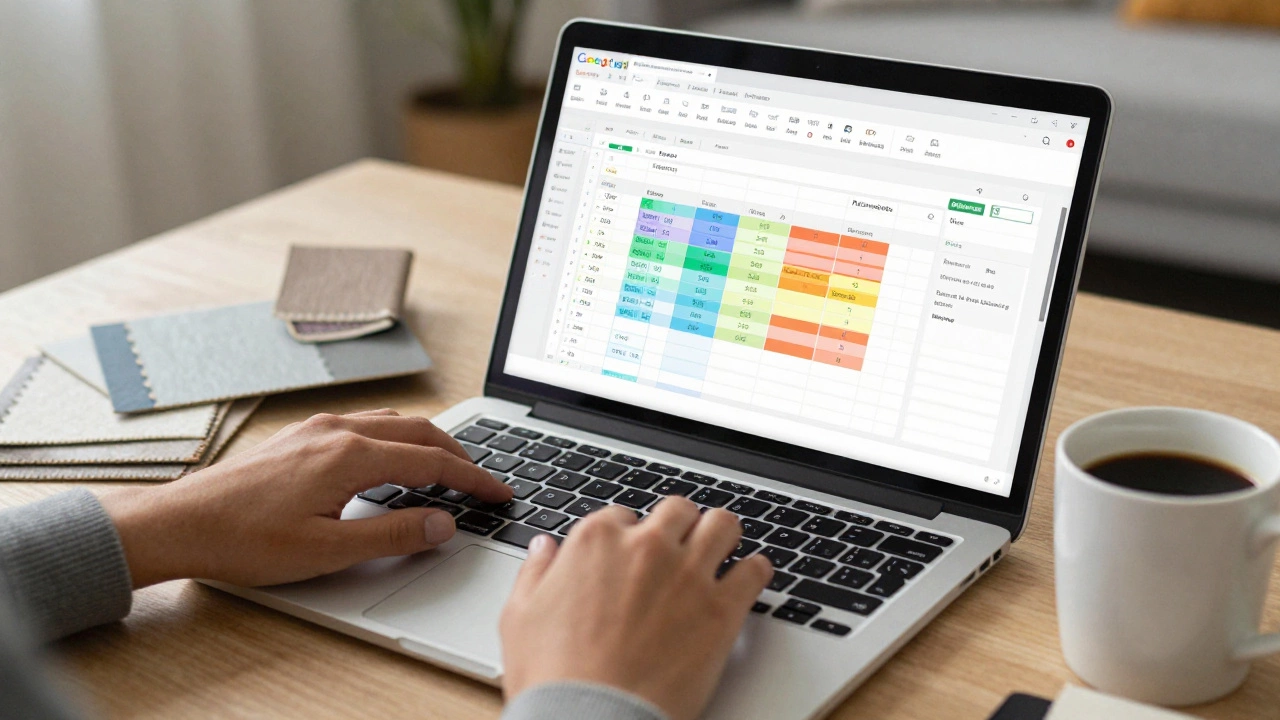 Расчет сметы ремонта в электронной таблице на ноутбуке рядом с образцами обоев