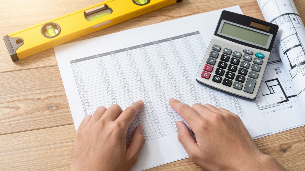 Смета ремонта, калькулятор и план квартиры на столе для финансового контроля