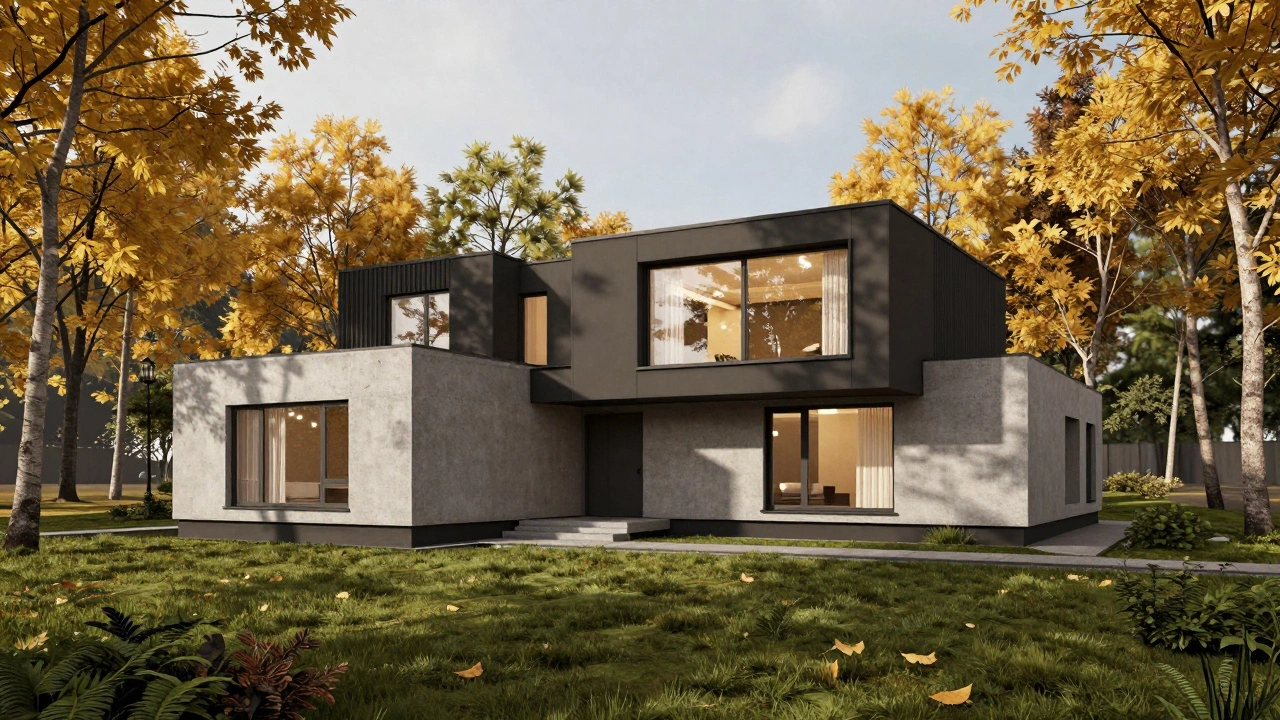 Современный дом из газобетона в осеннем пейзаже