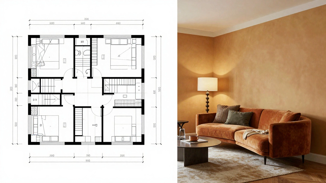 Сравнение технического чертежа архитектора и готового дизайна интерьера