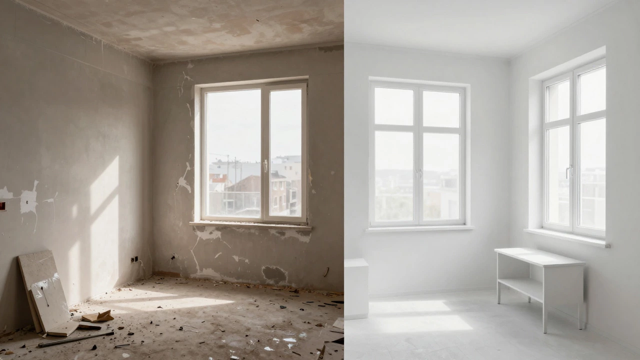 Split screen showing dirty renovated room versus clean finished interior