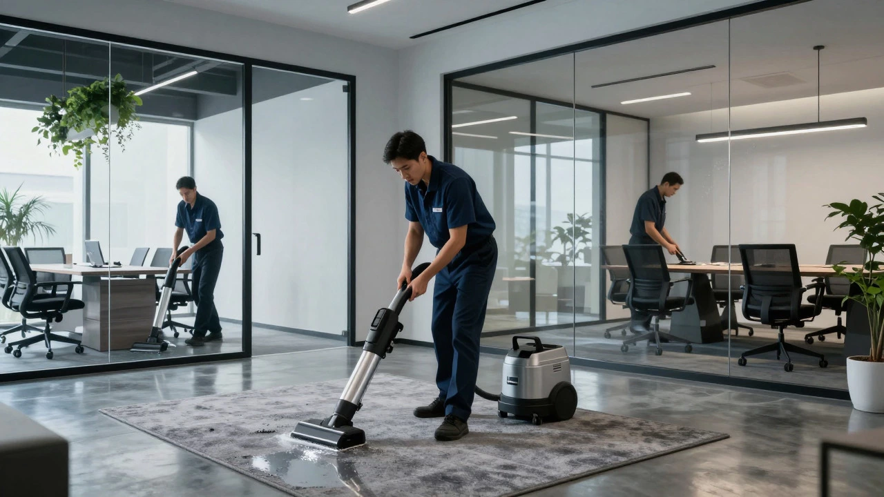Team of cleaners performing deep clean in modern corporate office
