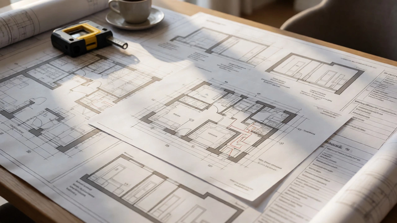 Рабочий стол дизайнера с точными чертежами и схемами электрики
